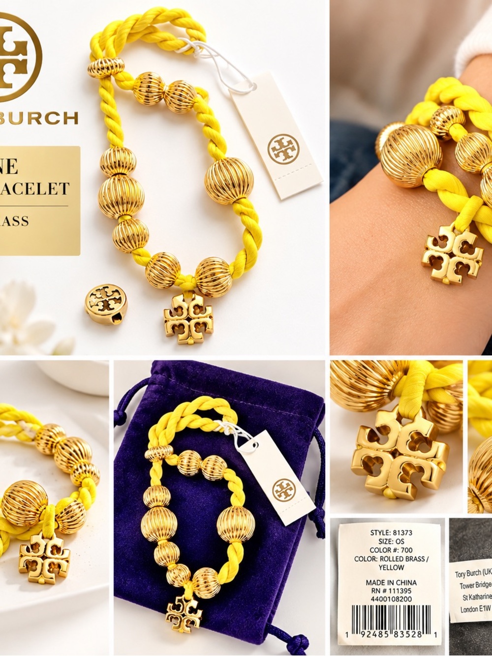 Tory Burch Yellow Braided Cord Bracelet with Gold Bead Charm